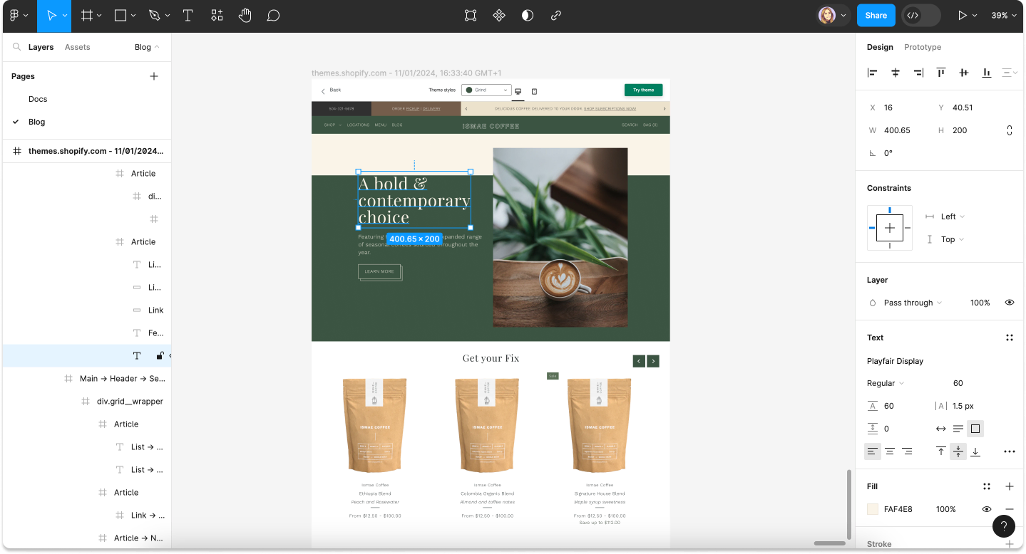 Screenshot of fully editable ecommerce site on a Figma canvas.