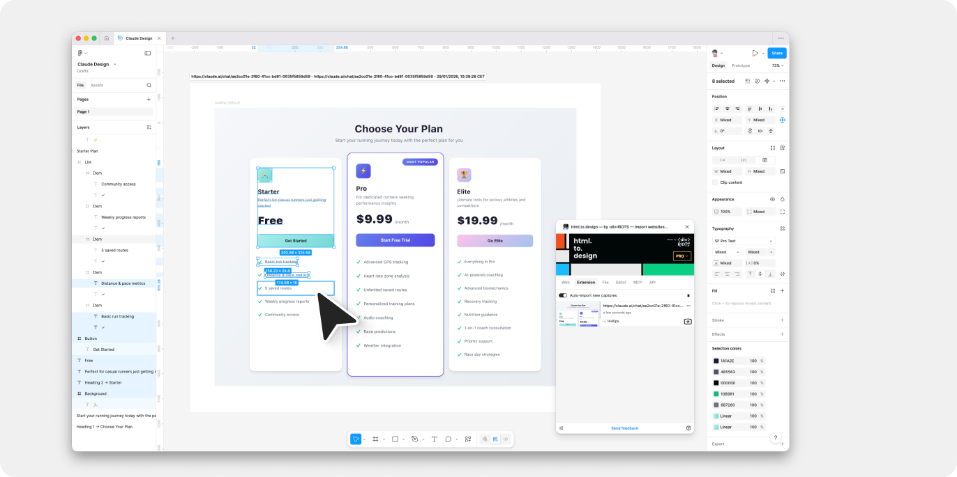 Screenshot of editing Claude AI designs in Figma.