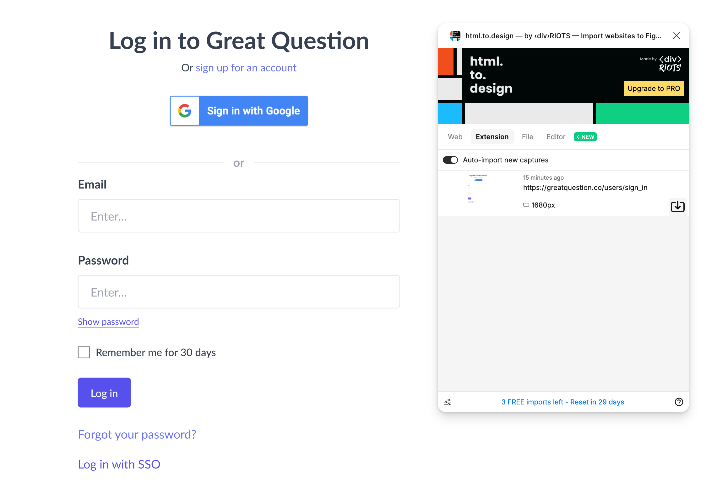Screenshot of the html.to.design extension open in a browser with options to import multiple viewports and themes