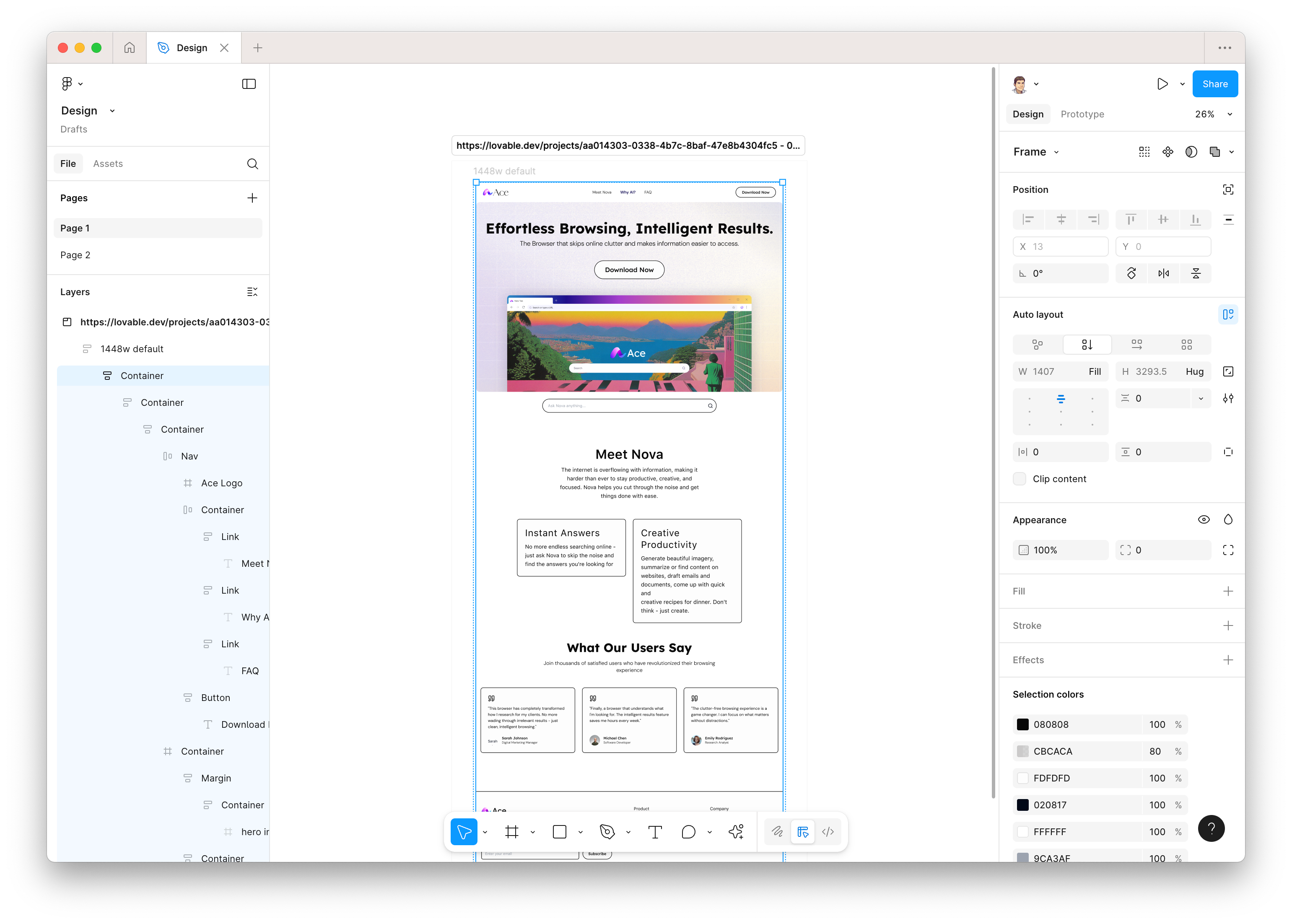 Screenshot of Figma with the Lovable project fully editable.