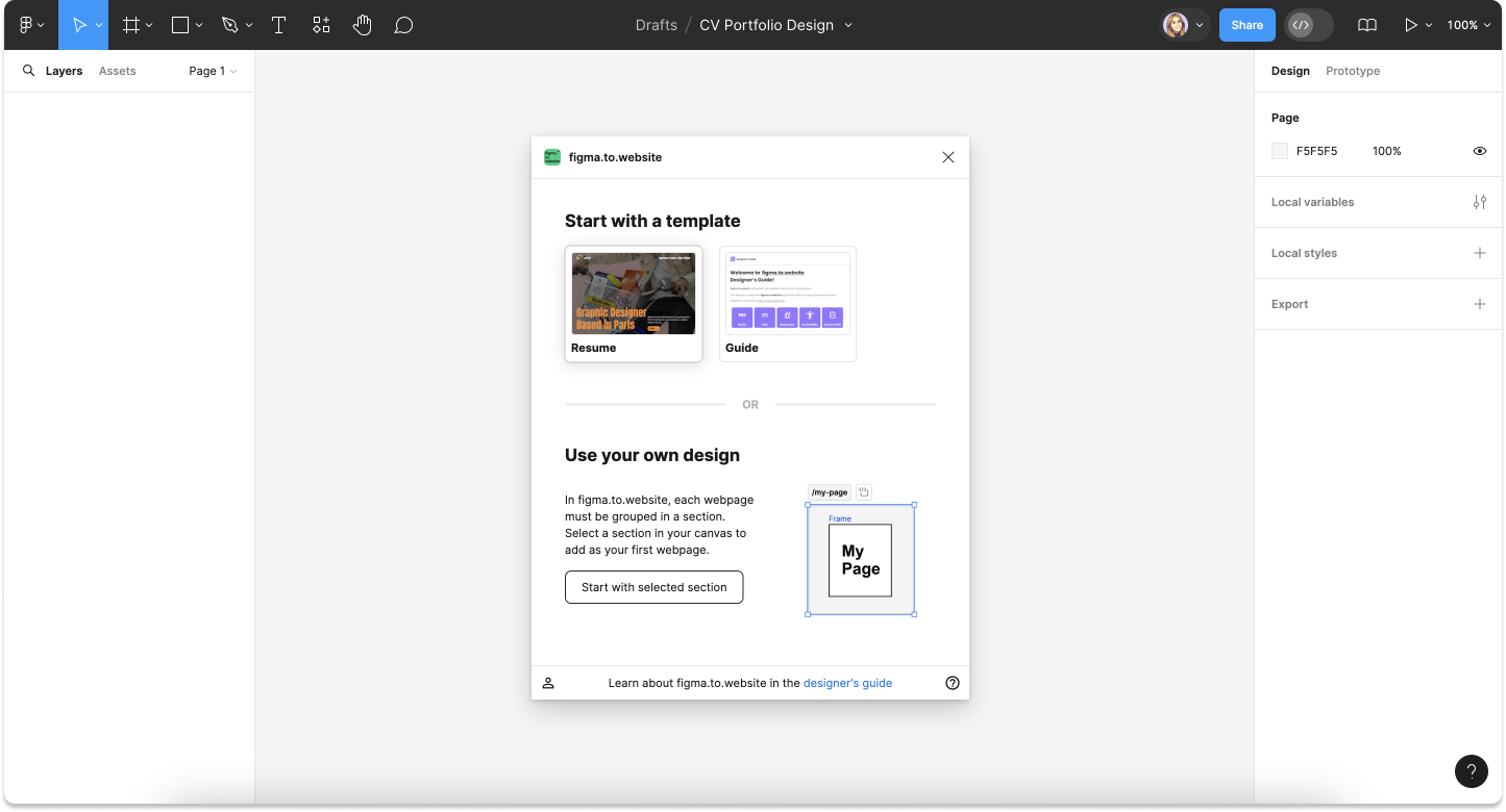 Screenshot of figma.to.website plugin.