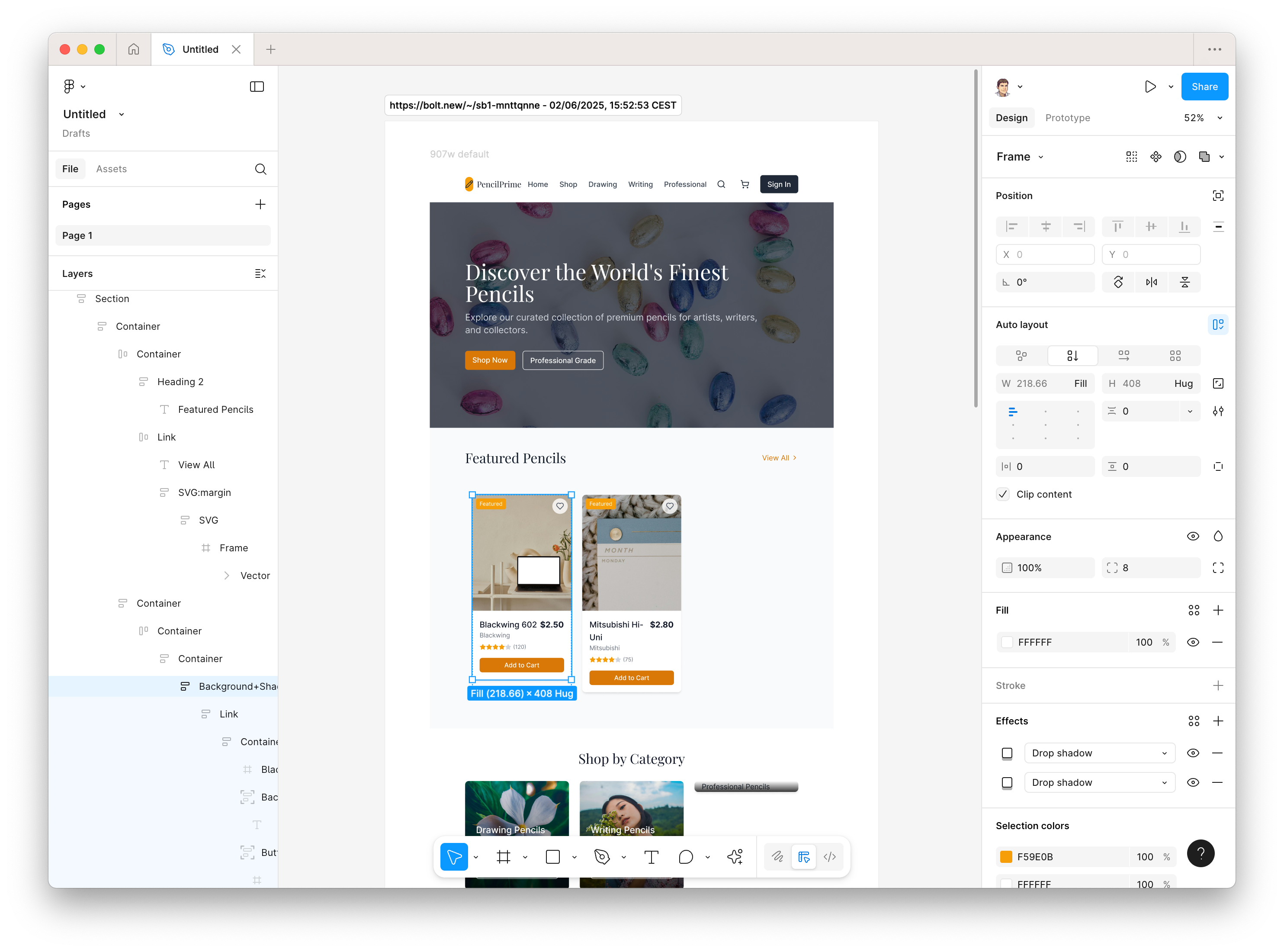 The AI-generated webpage from Bolt successfully imported into Figma as editable layers.