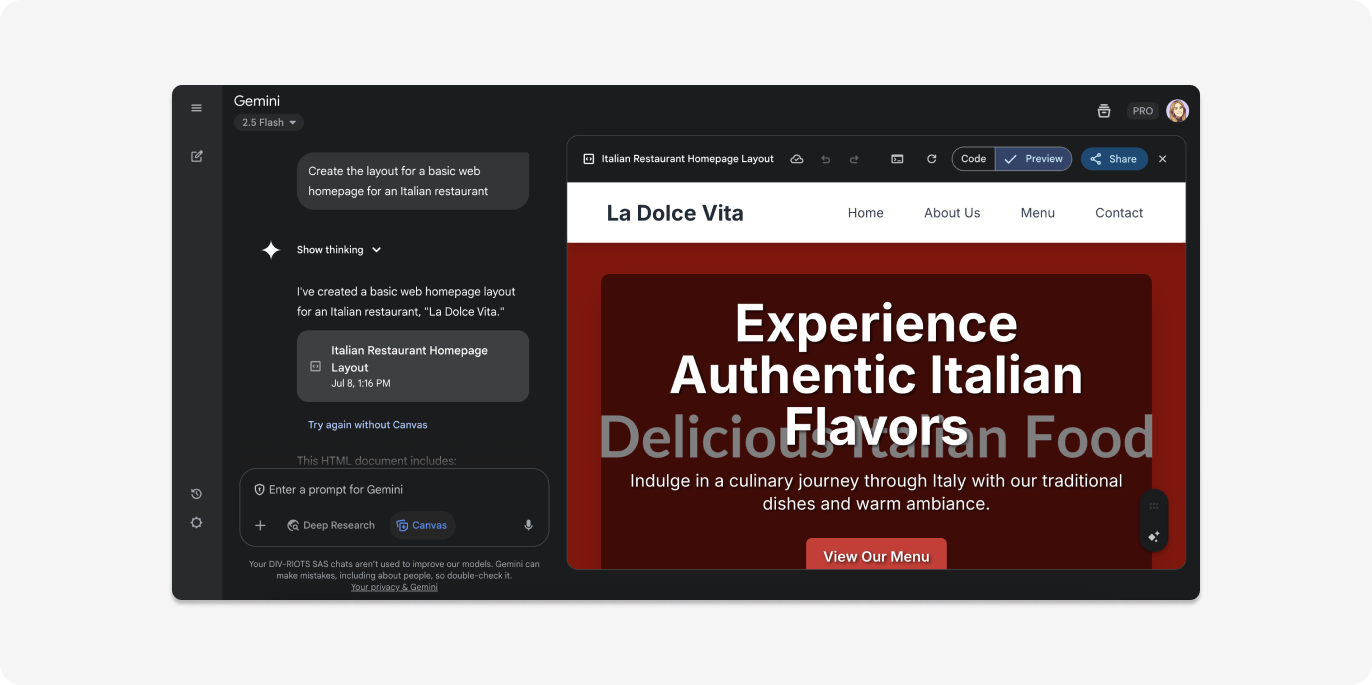 Generating a webpage design with Gemini AI.