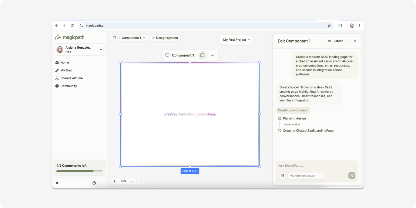 Example of a prompt in MagicPath to generate a landing page.