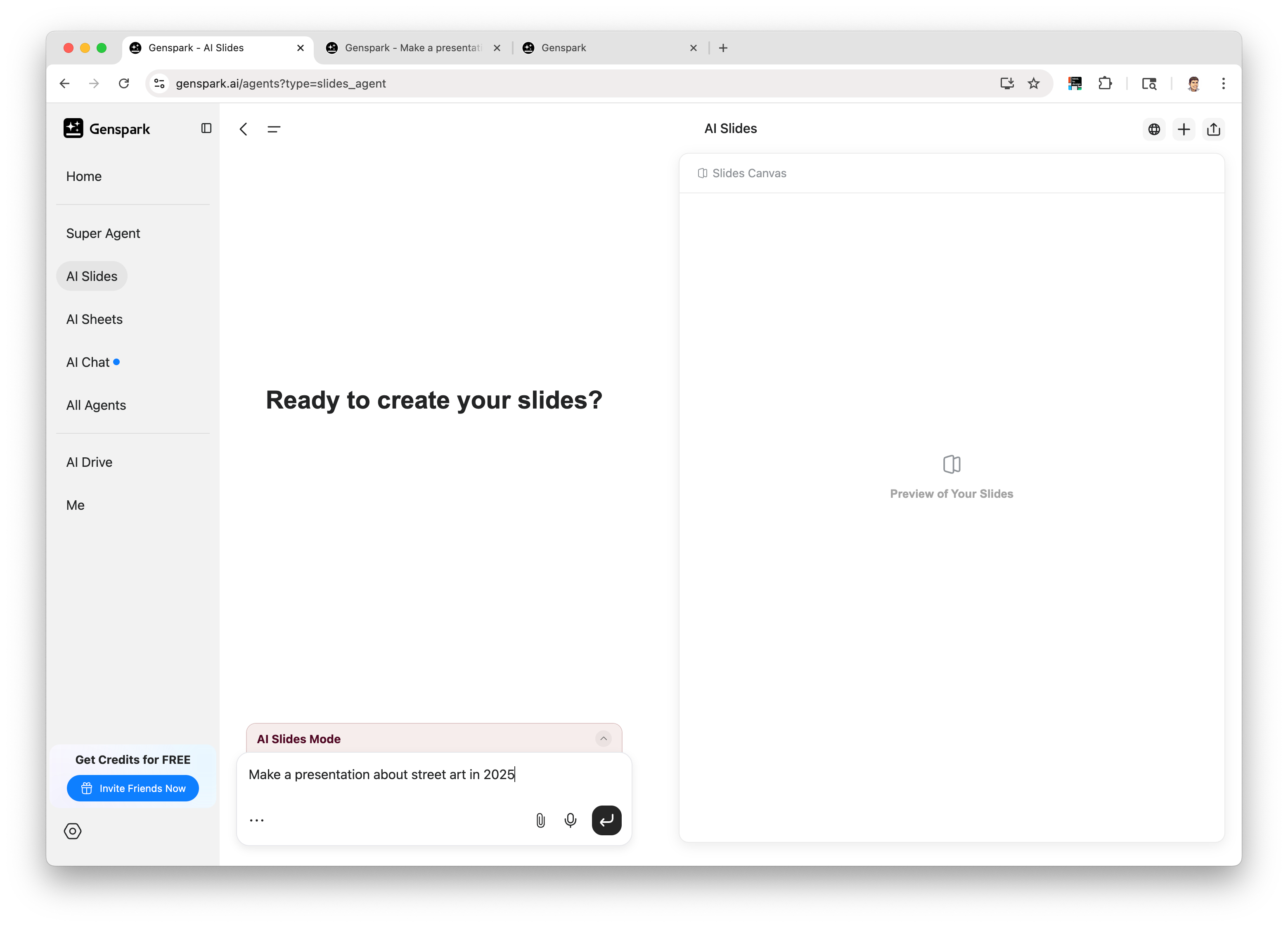 Screenshot of Genspark AI home screen with main prompt input.