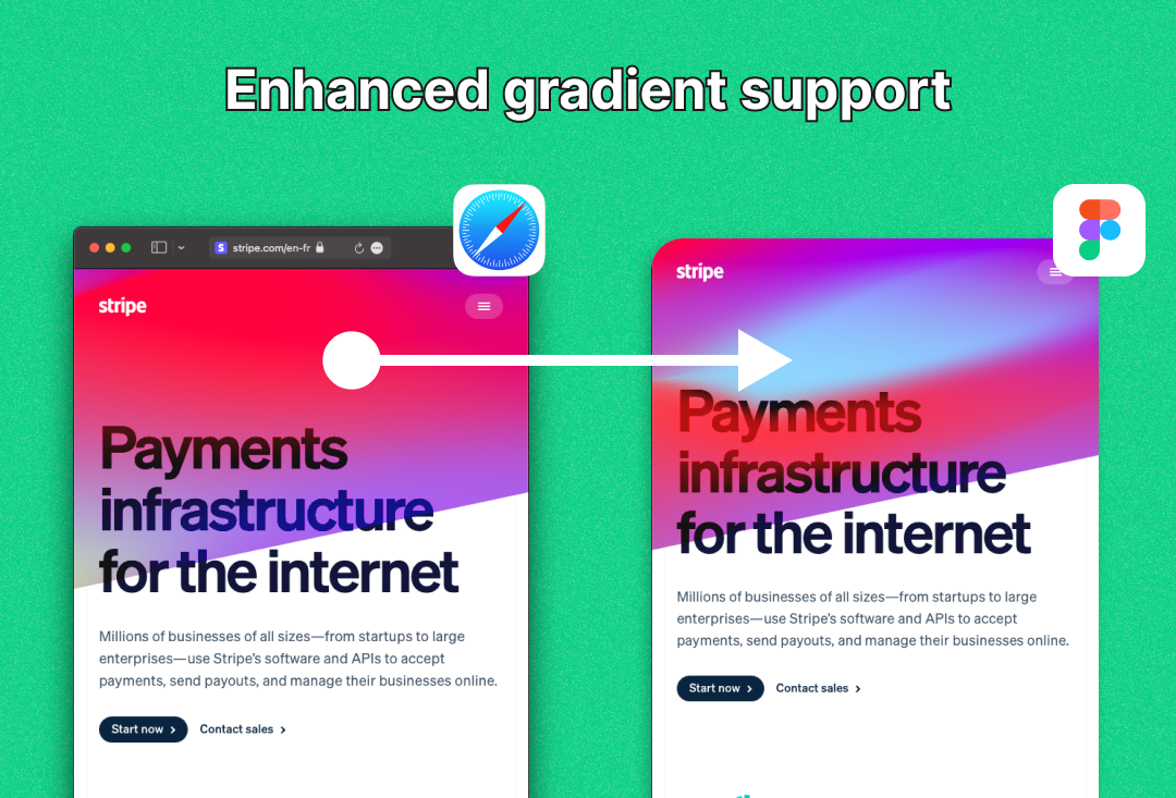 Screenshots of before and after of a website import with gradients.