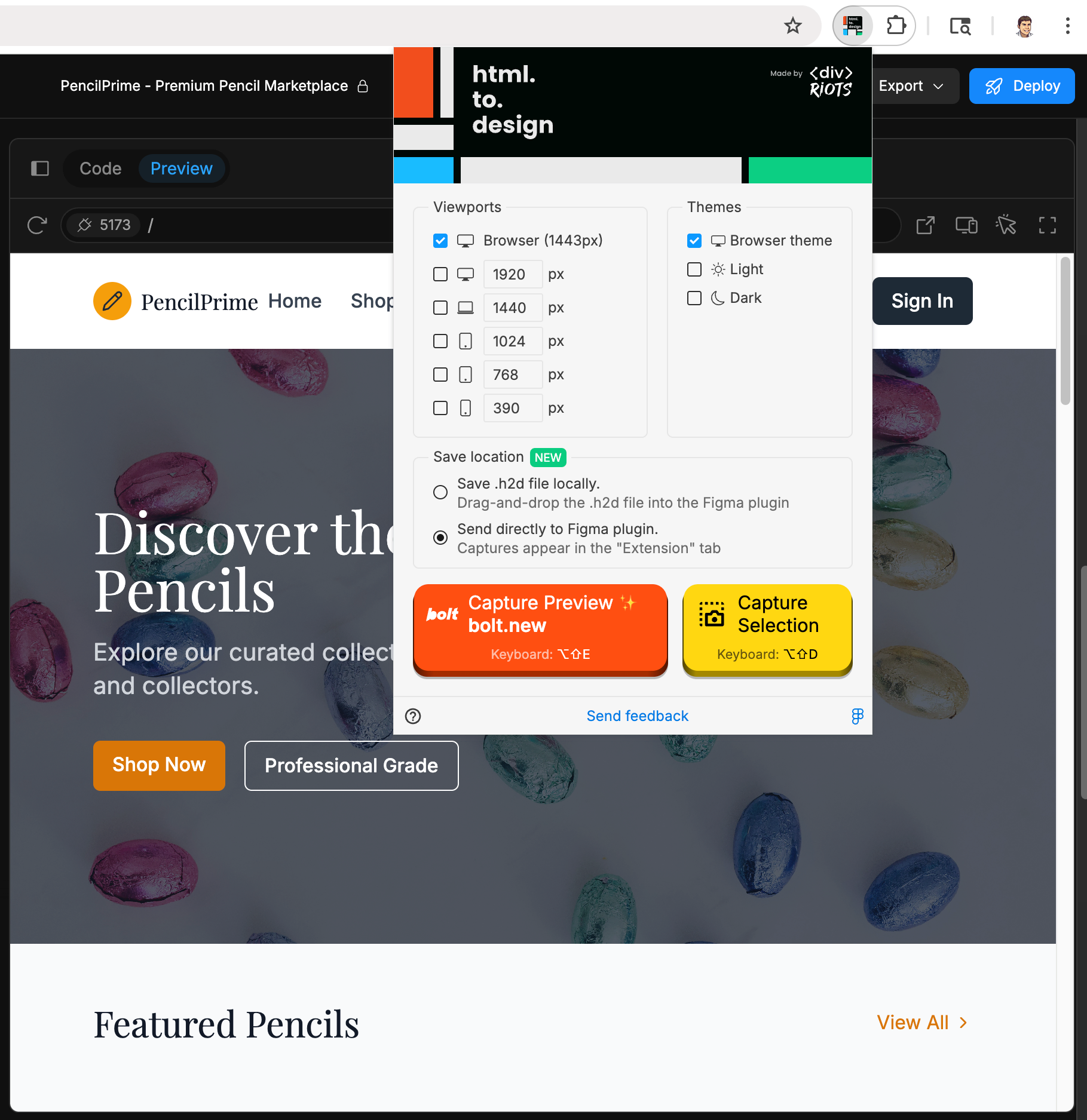 Screenshot of html.to.design Chrome extension capturing a Bolt preview.