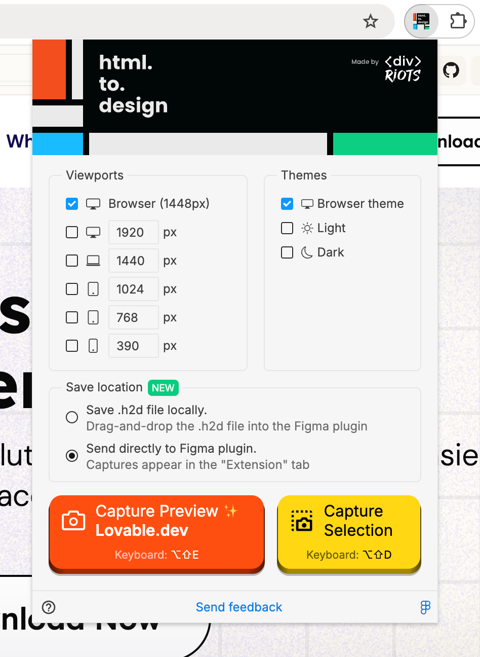 Screenshot of the html.to.design Chrome extension capturing a Lovable preview.