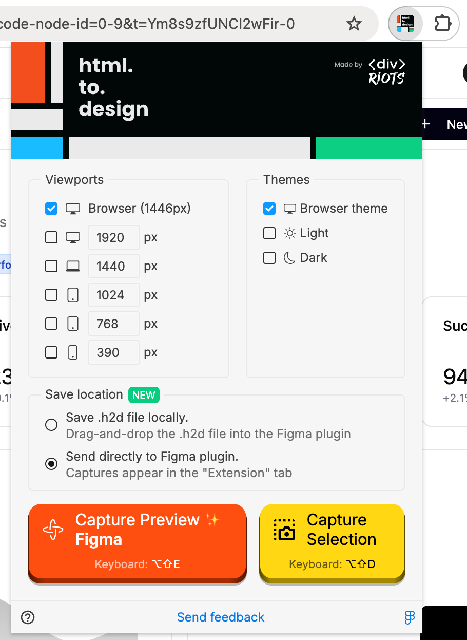 Screenshot of the html.to.design Chrome extension capturing a Figma Make preview.