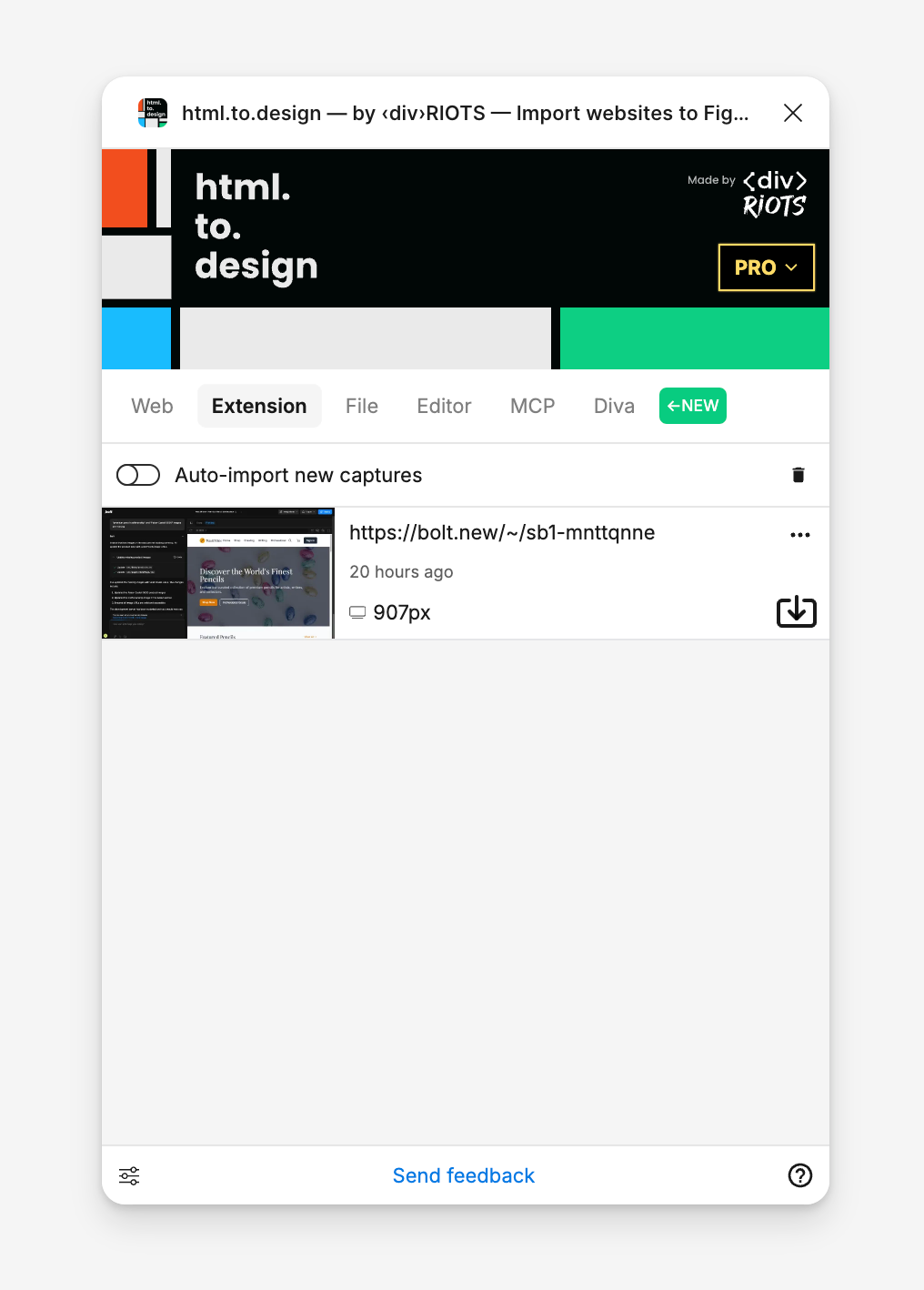 Screenshot of html.to.design Figma plugin on the Extension tab, ready to import the captured webpage.