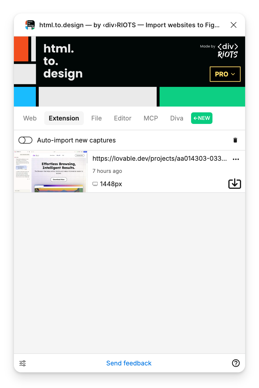 Screenshot html.to.design plugin in Figma on the 'Extension' tab where we can see the last capture waiting.