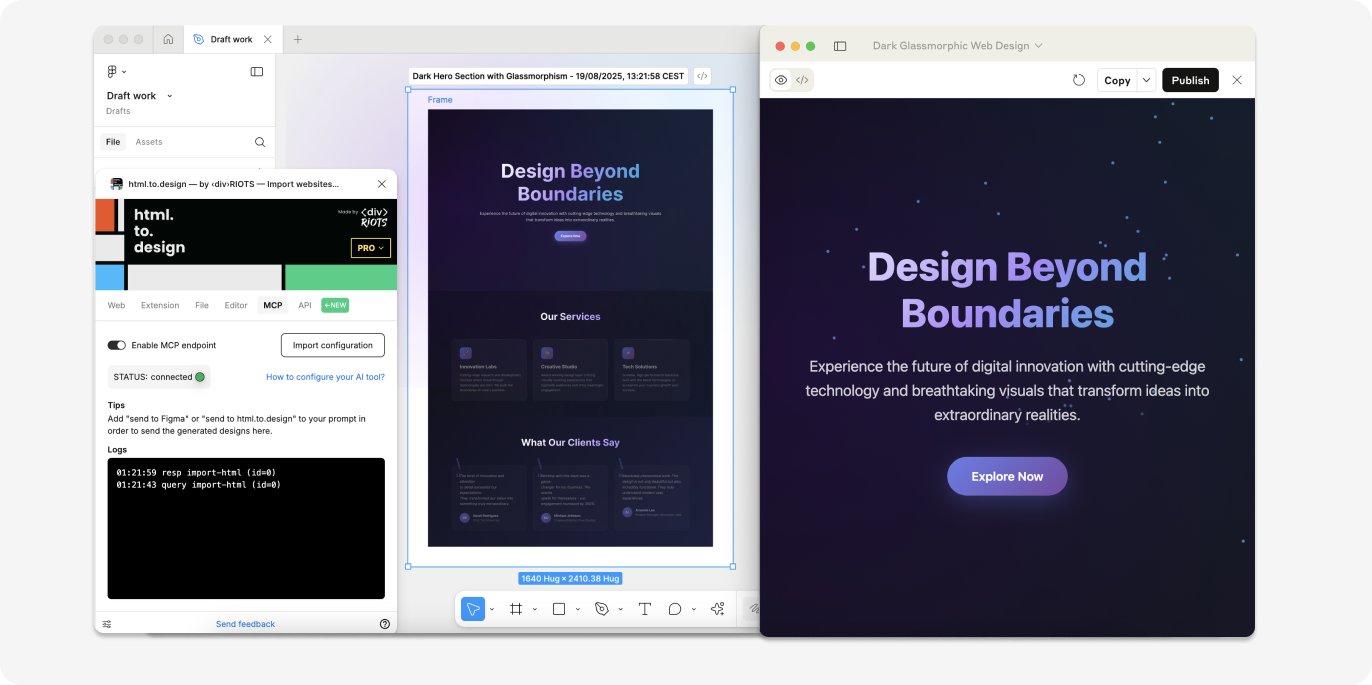 The html.to.design MCP in action with Claude AI.