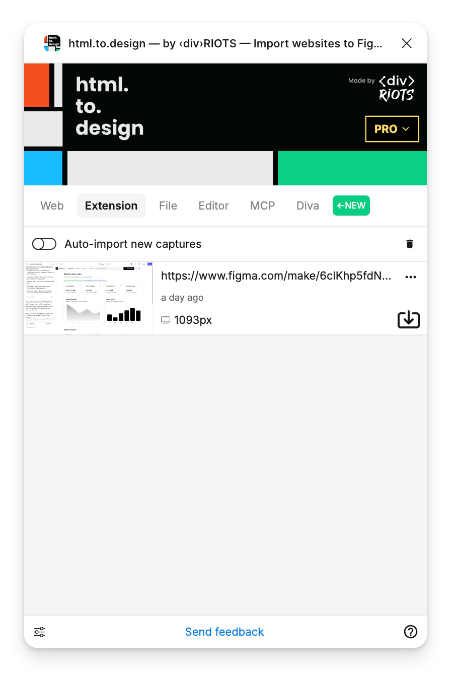 Screenshot html.to.design plugin in Figma on the 'Extension' tab where we can see the last capture waiting.