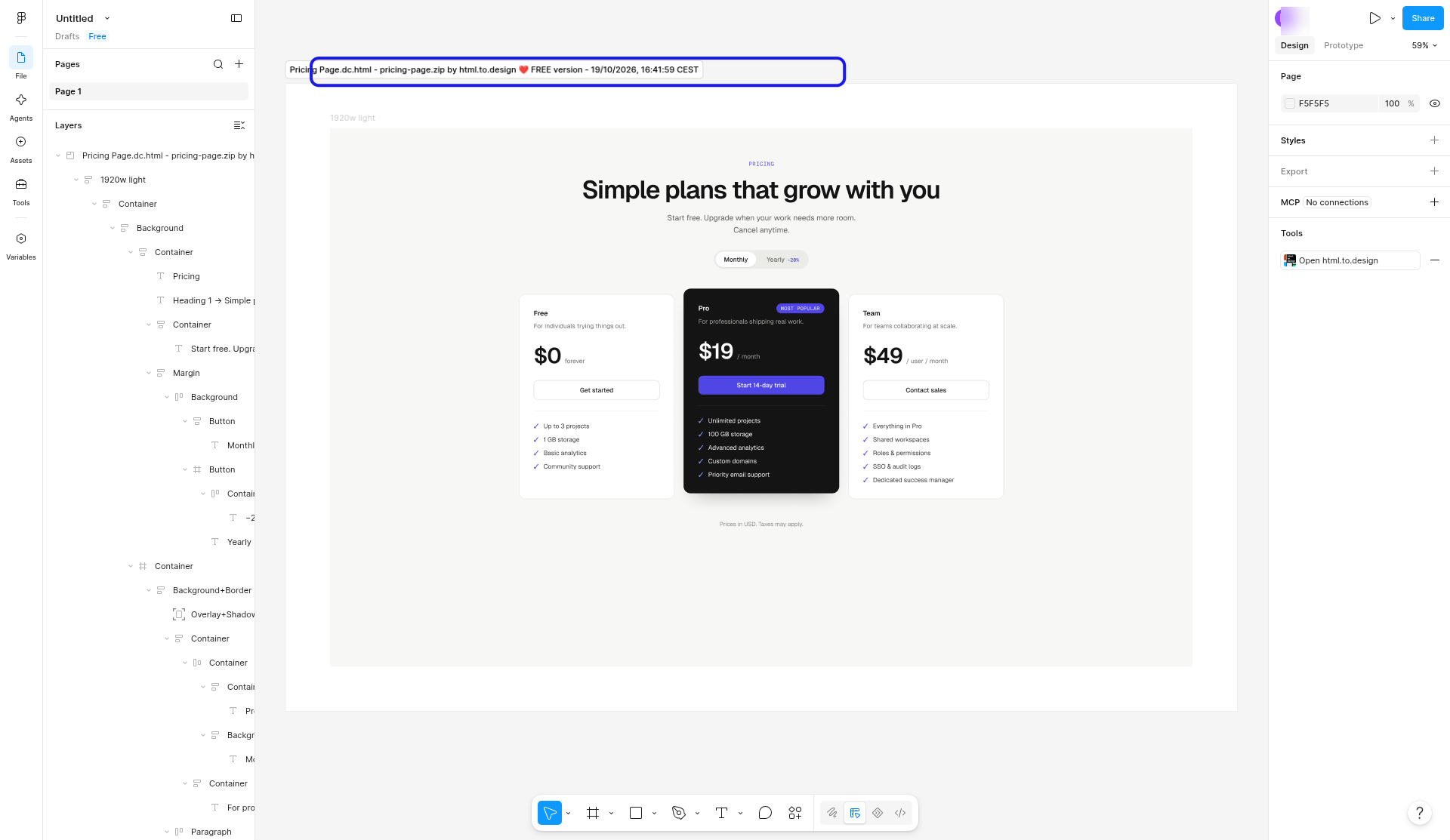 Claude Design Project archive imported into Figma with html.to.design, showing the full pricing page as editable layers in a 1920w light frame