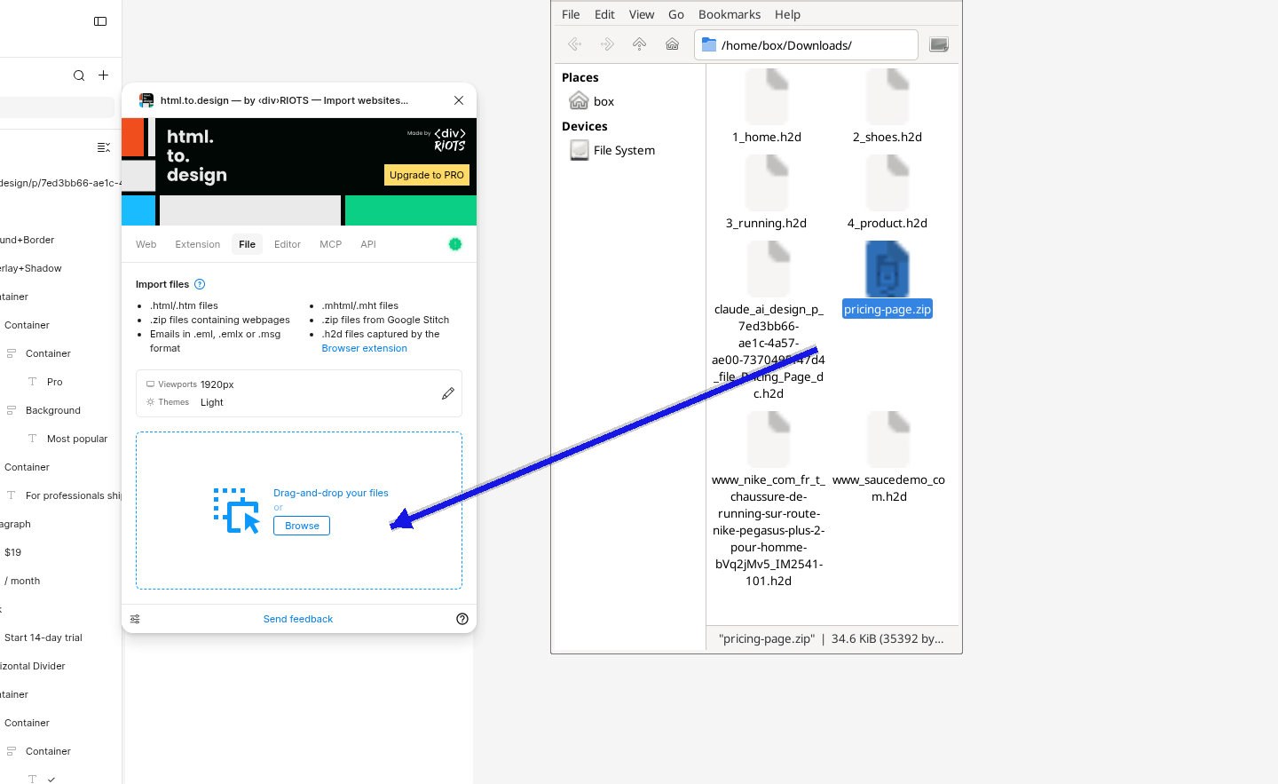 Claude Design Project archive zip next to the html.to.design File tab drop zone in Figma