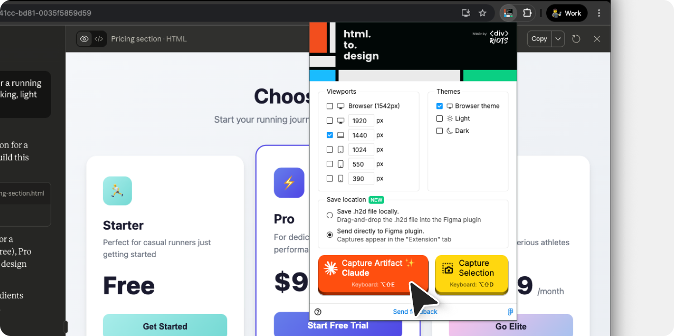 Screenshot of how to capture Claude AI designs with html.to.design browser extension.