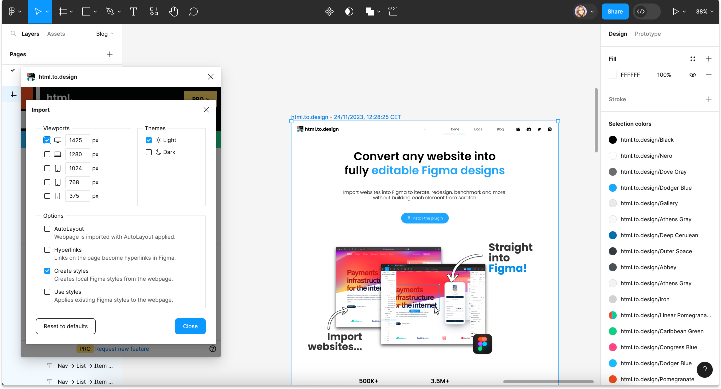 Screenshot of how to bring text and color styles from web to Figma with html.to.design.