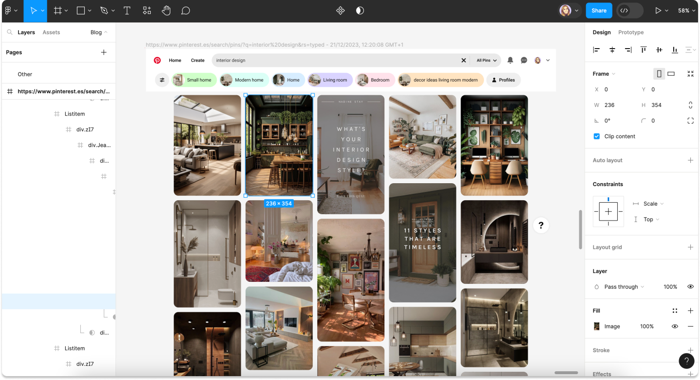 Screenshot of a full Pinterest page in Figma.