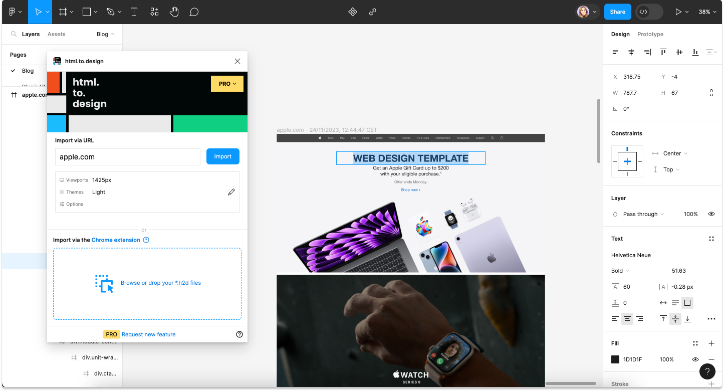 Screenshot of how to bring another website to use as a layout from web to Figma with html.to.design.