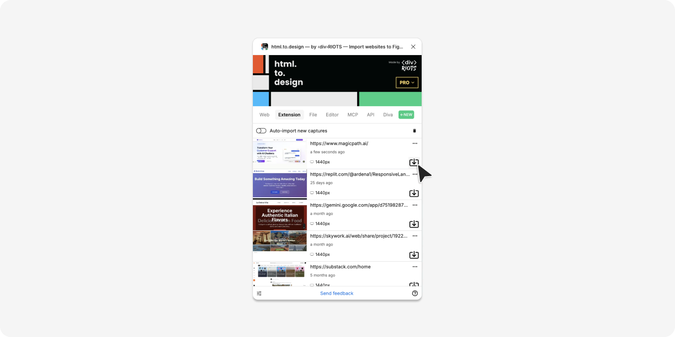 Import the captured page with the html.to.design Figma plugin.