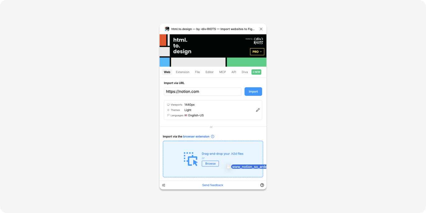 Import the captured page with the html.to.design Figma plugin.