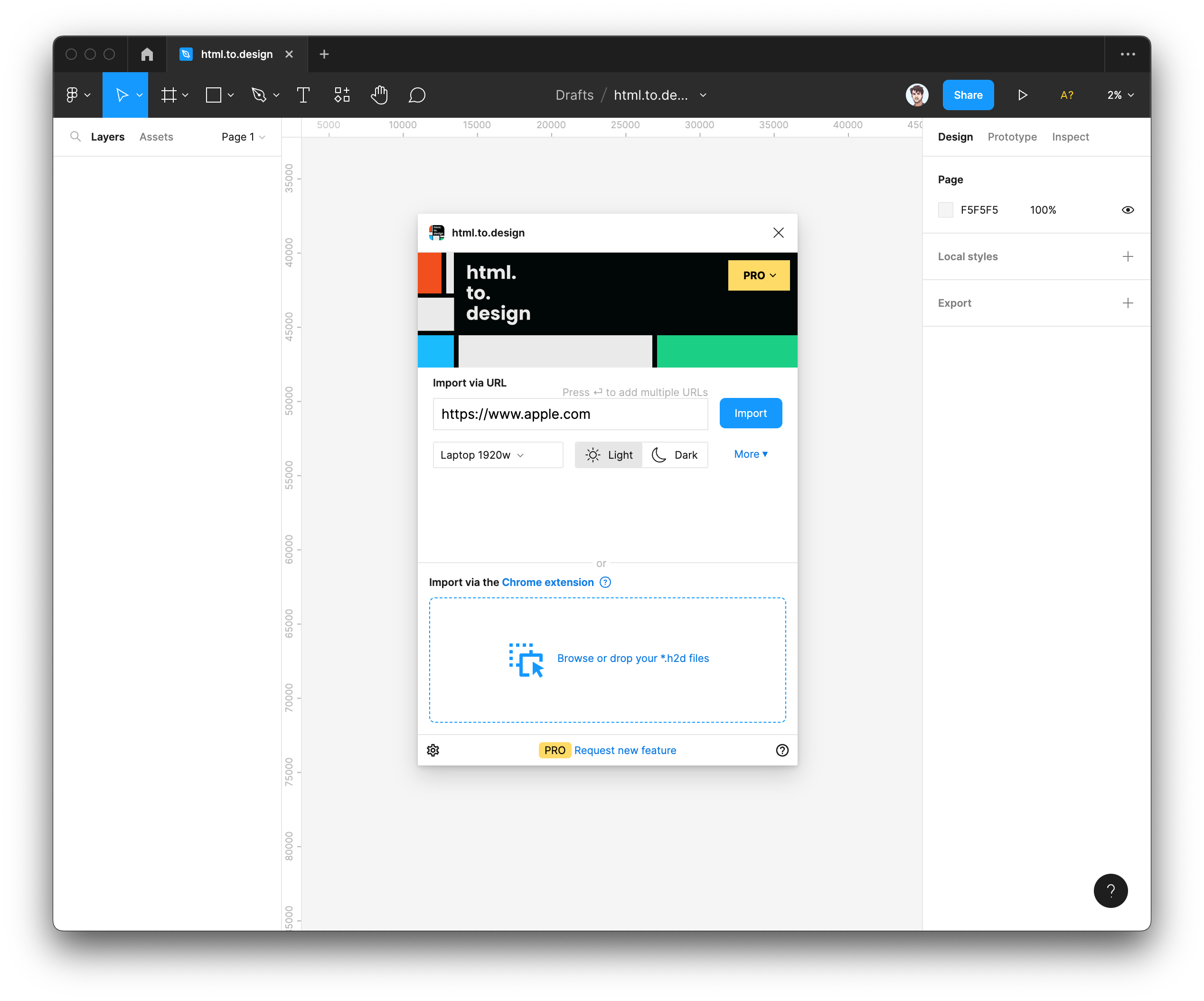 Screenshot of importing a webpage into Figma with html.to.design.
