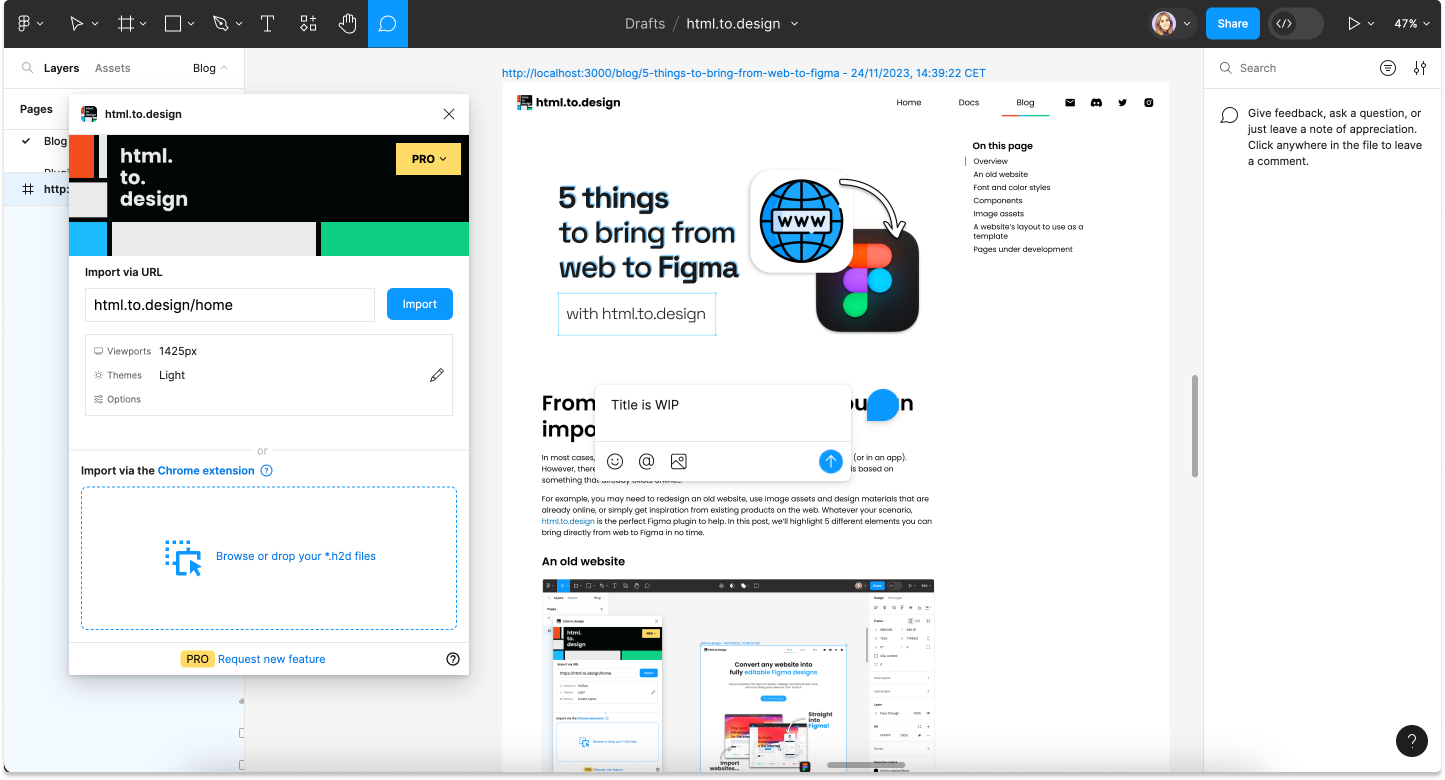 Screenshot of how to bring a website under development from web to Figma with html.to.design.