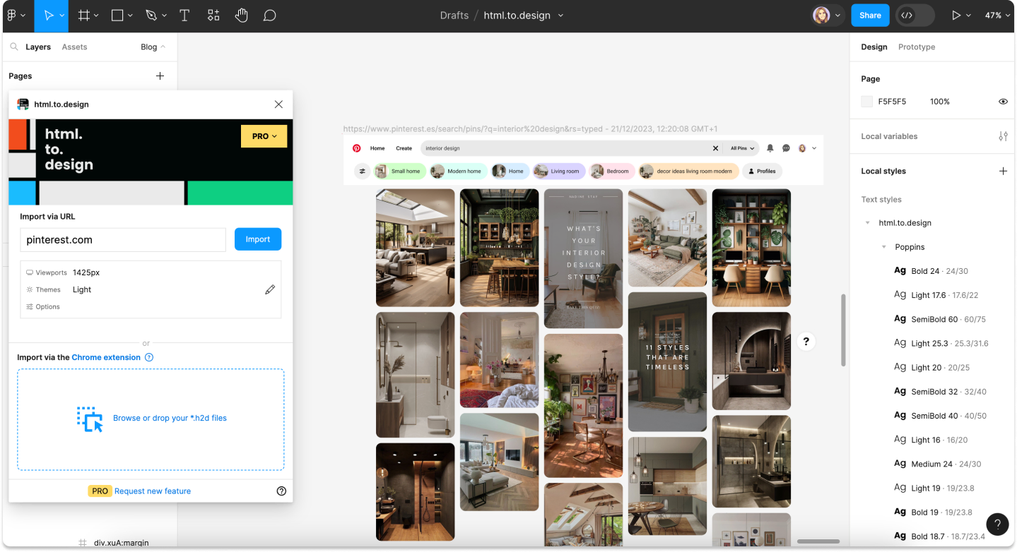 Screenshot of how to import Pinterest into Figma images with html.to.design.