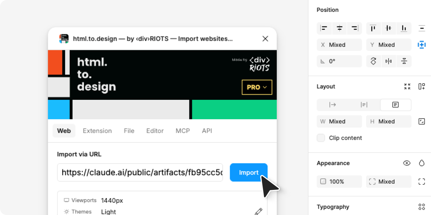 Screenshot of the AI-generated site converted into Figma designs by the html.to.design plugin.
