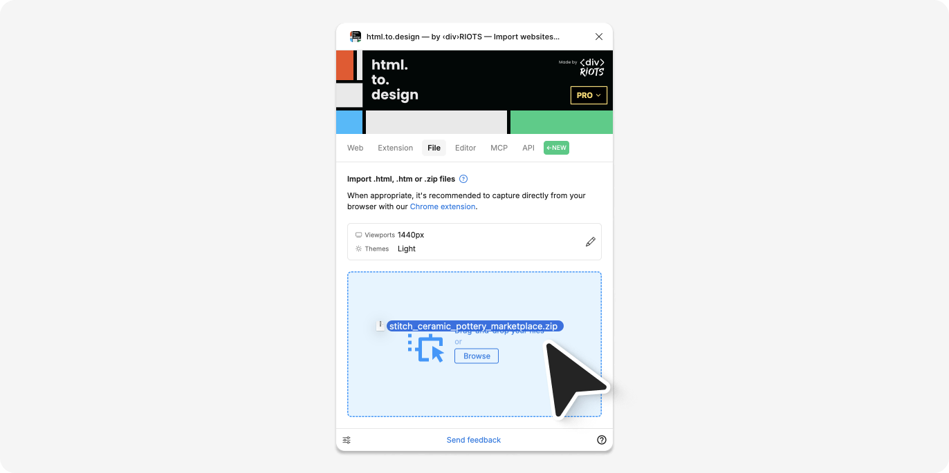 Screenshot of how to drop a .zip file into the html.to.design Figma plugin.