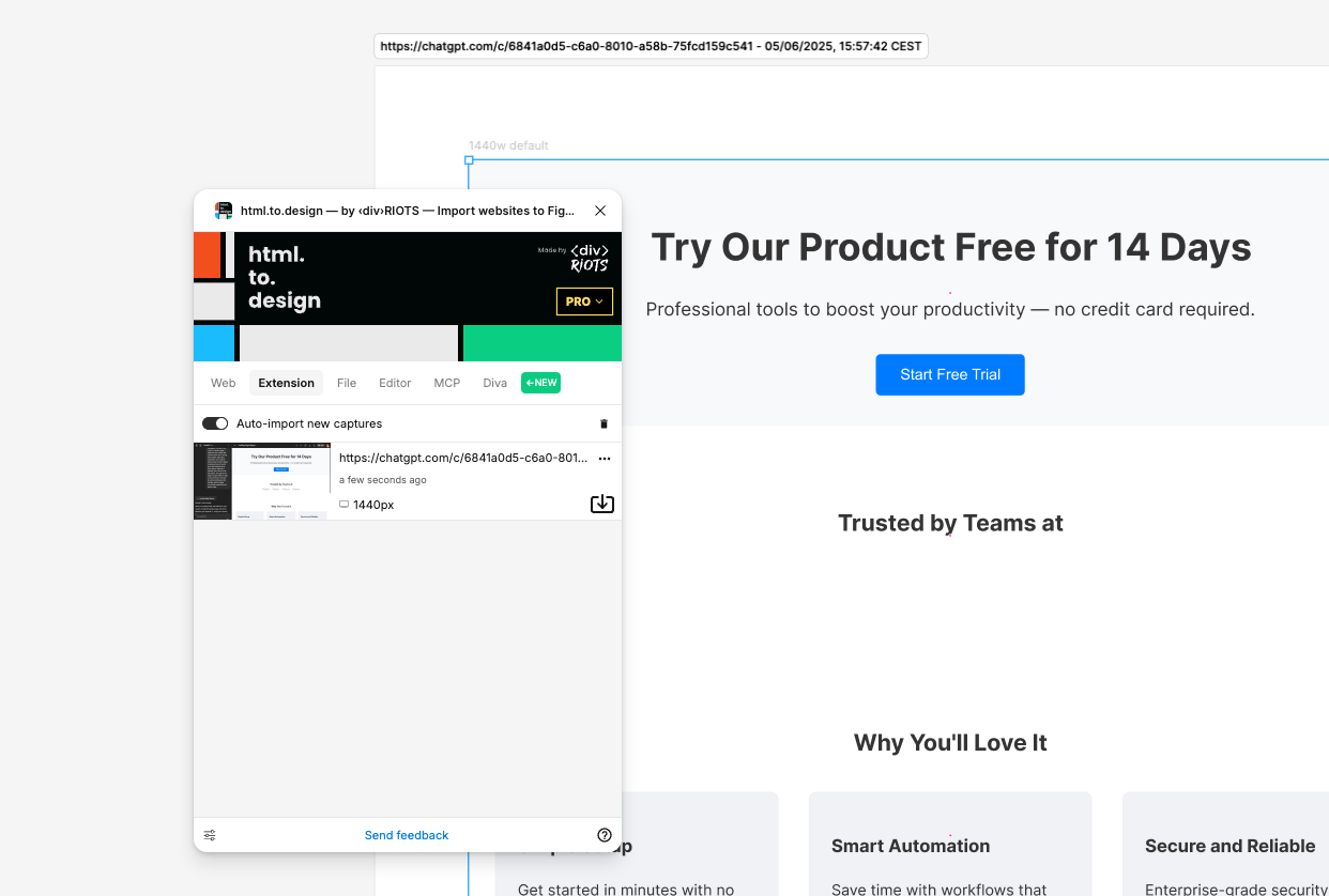 Import the captured page with the html.to.design Figma plugin.