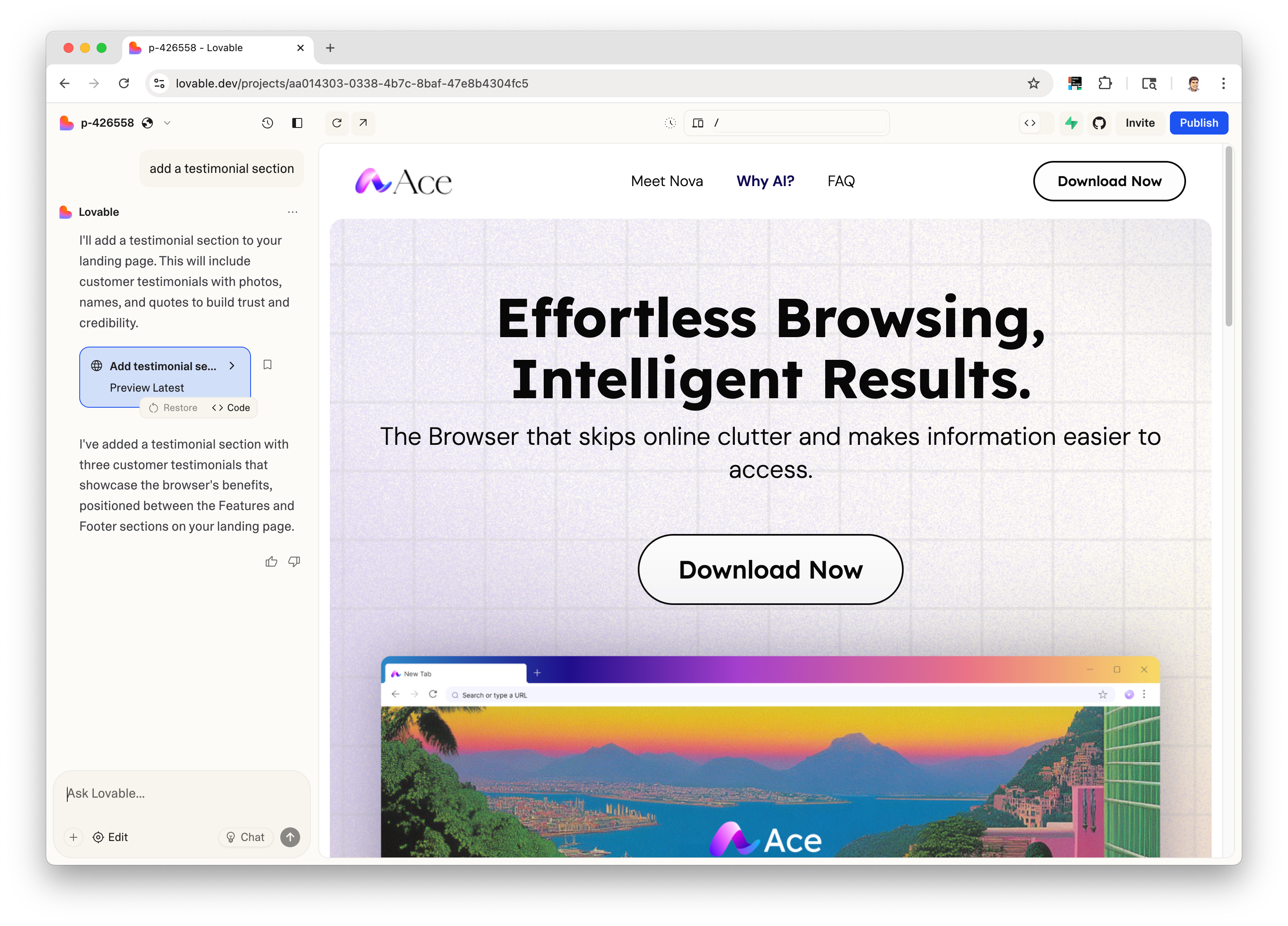 Screenshot of Lovable with iterated design.
