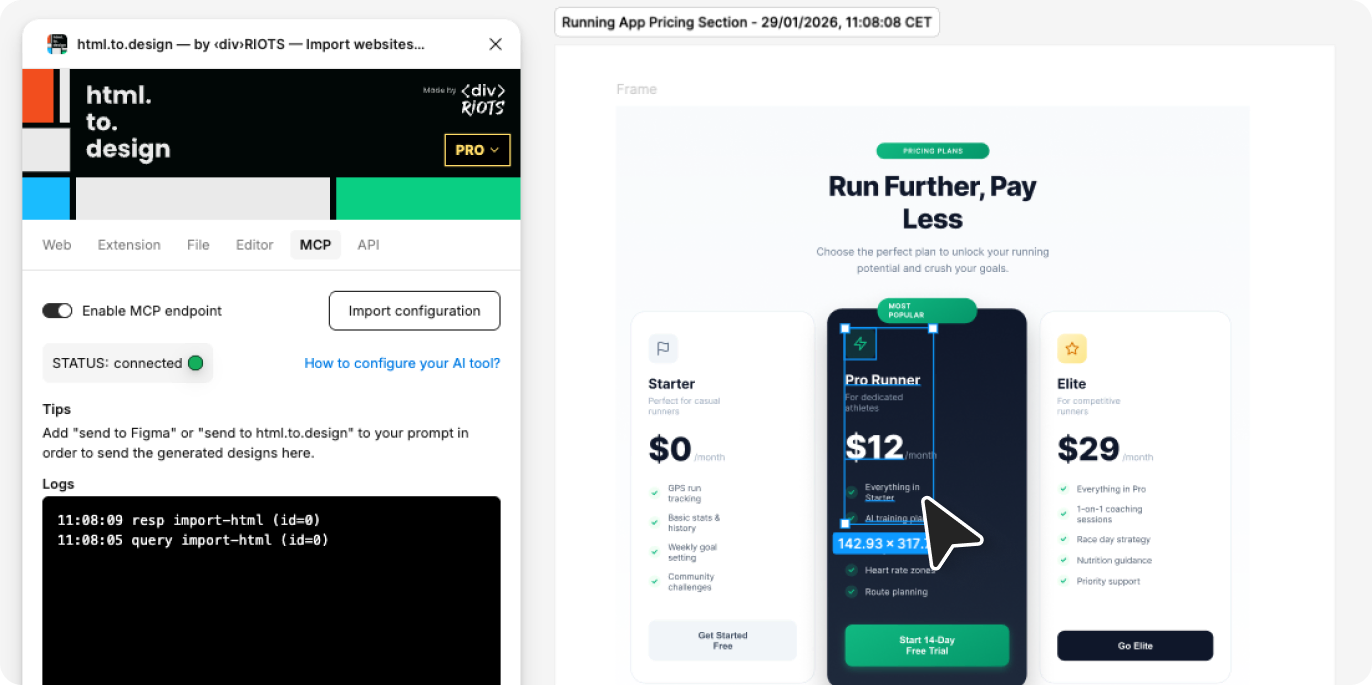 Screenshot of iterating in Claude and results showing in Figma.