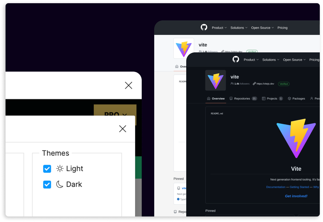 How a webpage looks imported in both dark and light modes.