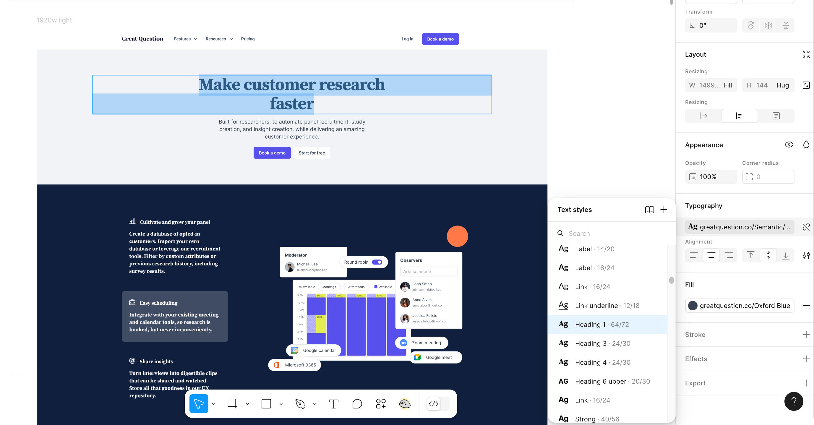 Screenshot of Figma showing local styles for text
