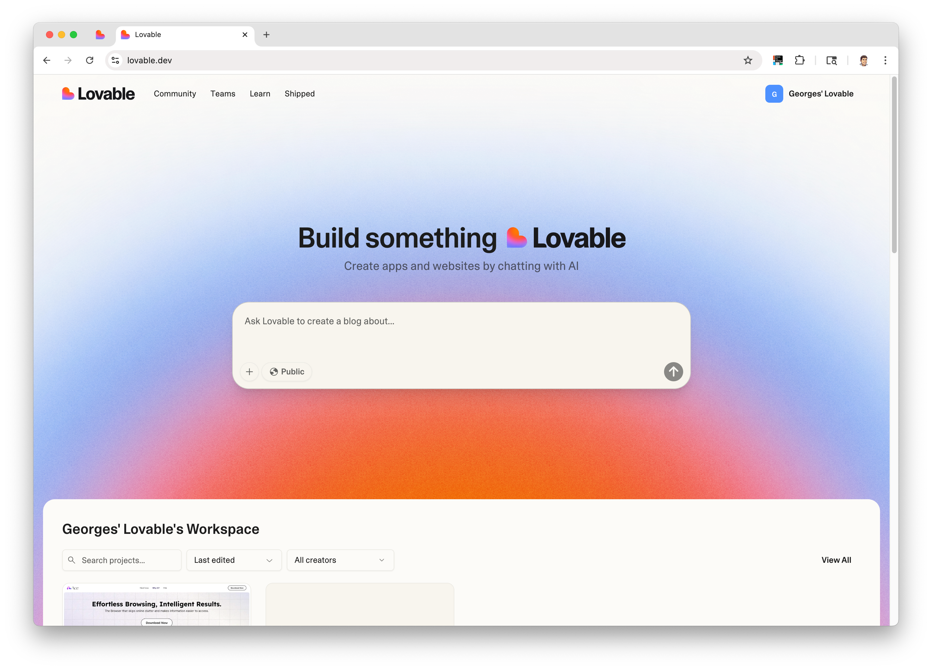 Screenshot of Lovable home screen with main prompt input.