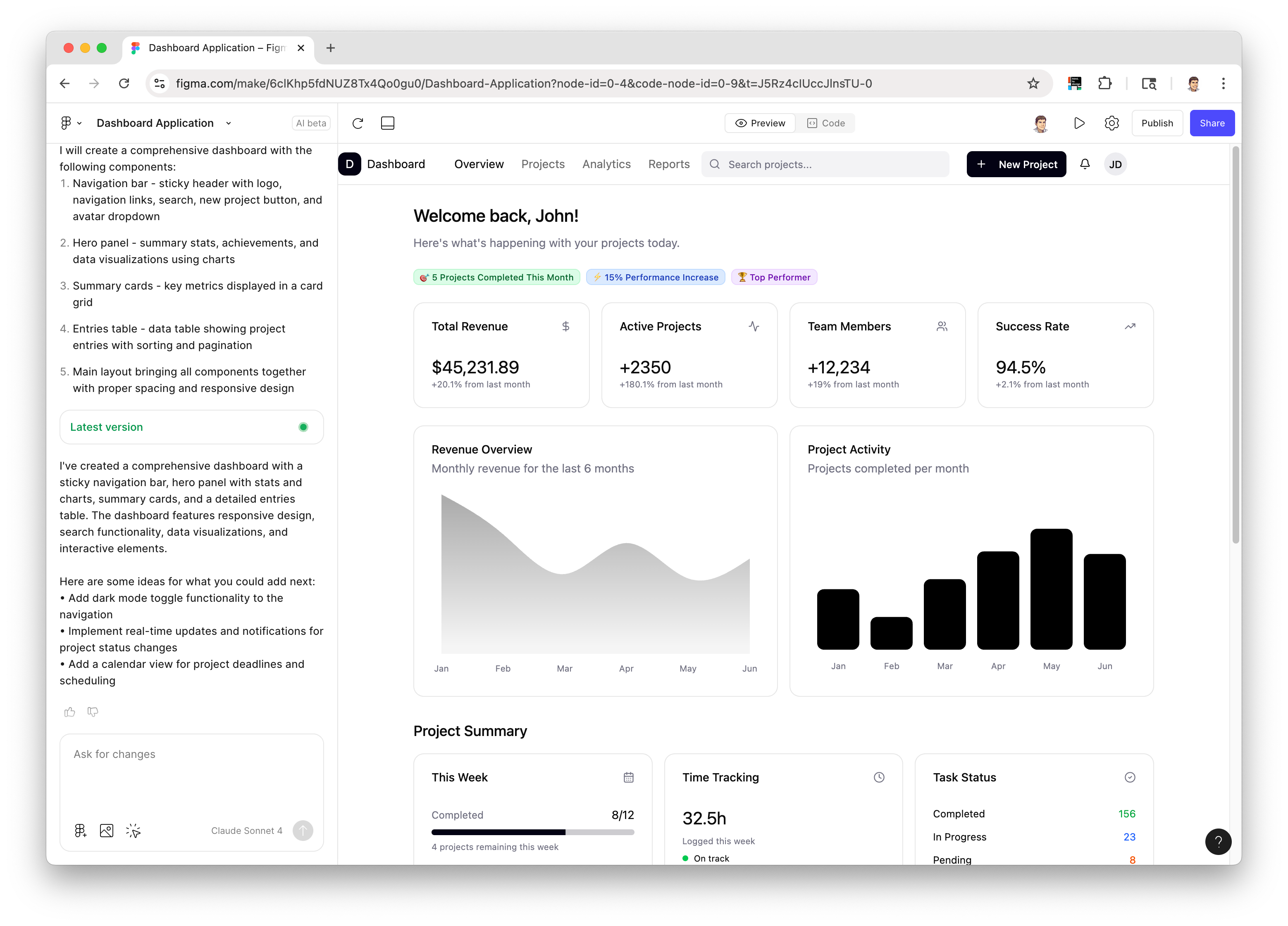 Screenshot of Figma Make project with a dashboard generated