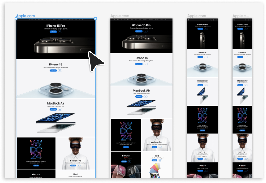 Screenshot of Figma with multi-viewport page imports.