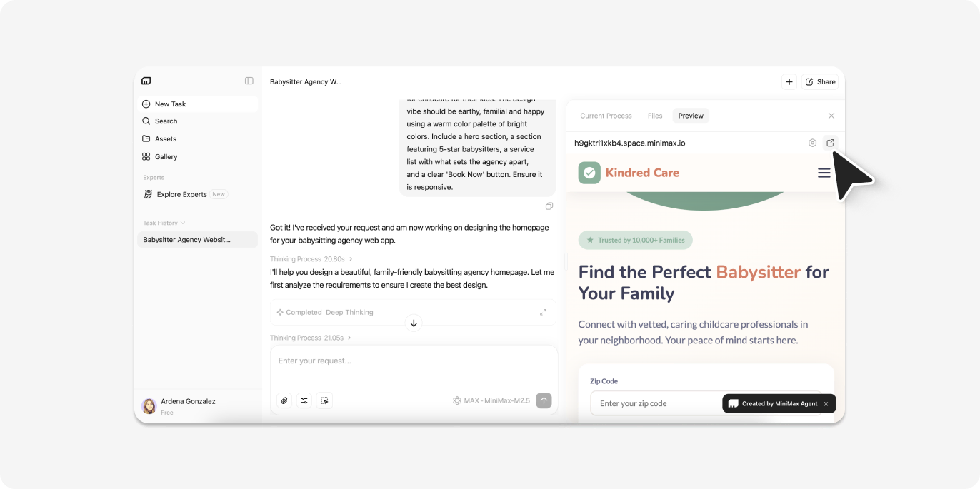 Screenshot of how to preview designs in MiniMax Agent.