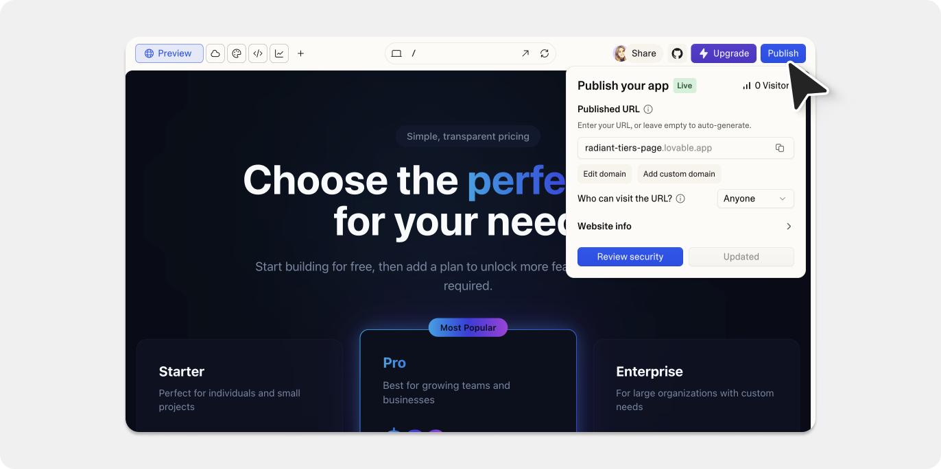 Screenshot of how to publish a Lovable design.