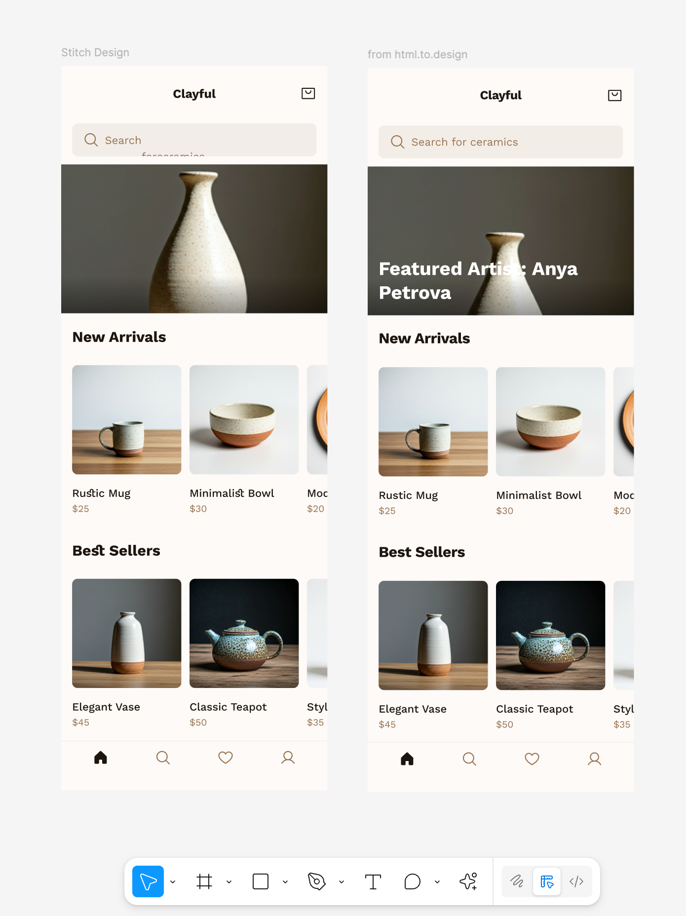 Comparison of html.to.design and Google Stitch import quality.