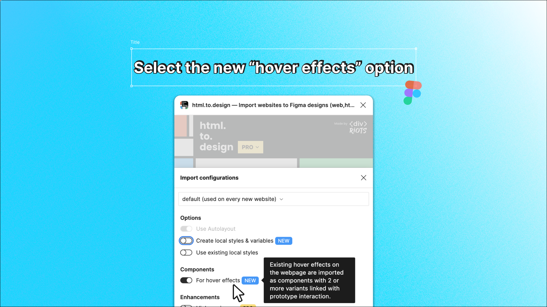 Screenshot of html.to.design settings menu for selecting import hover components option.