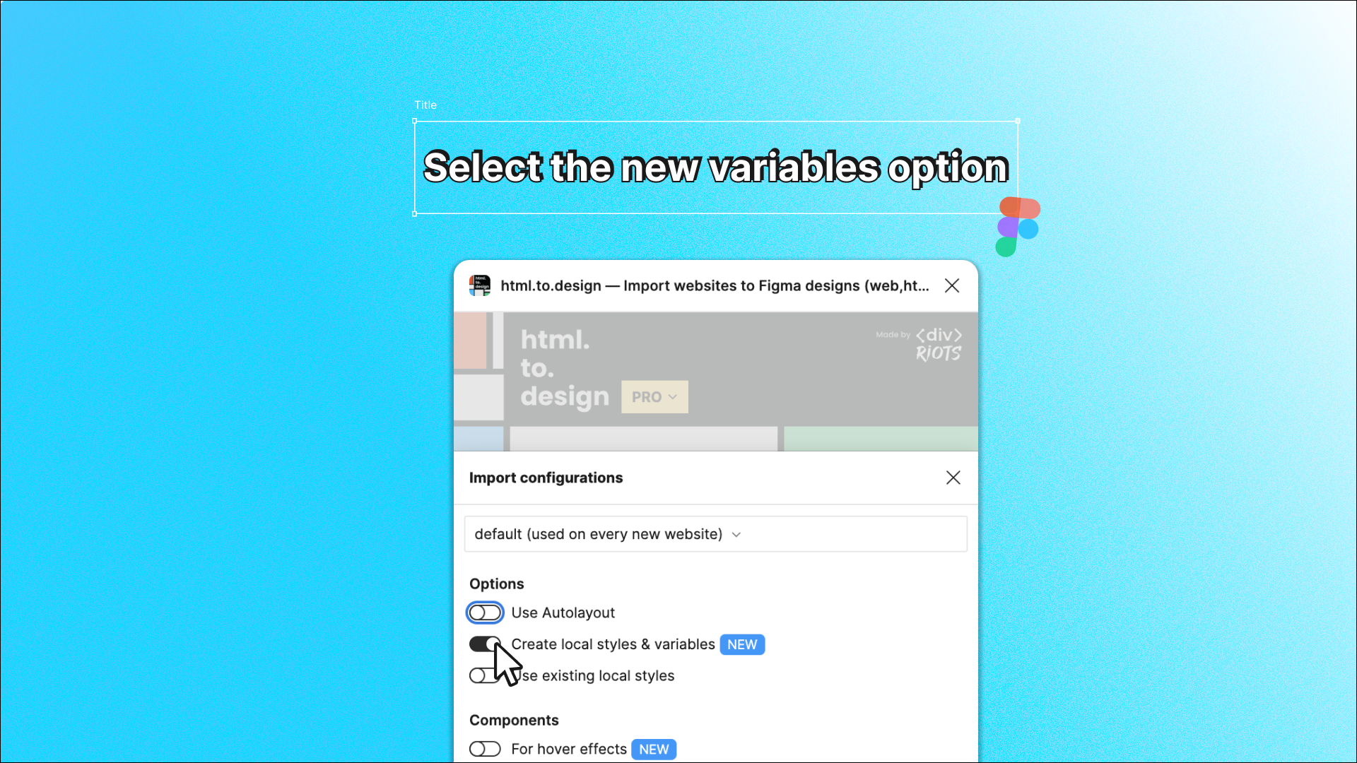 Screenshot of html.to.design settings menu for selecting create variables option.