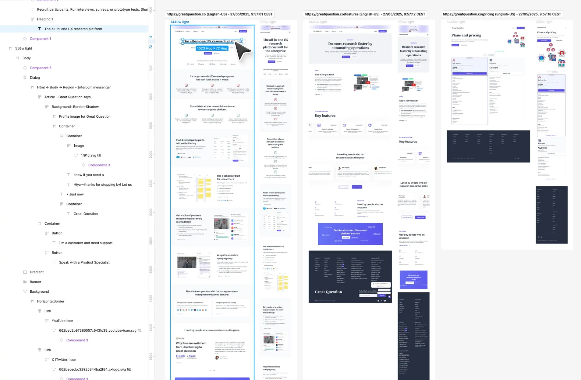 Screenshot of Figma with an imported web page ready for editing