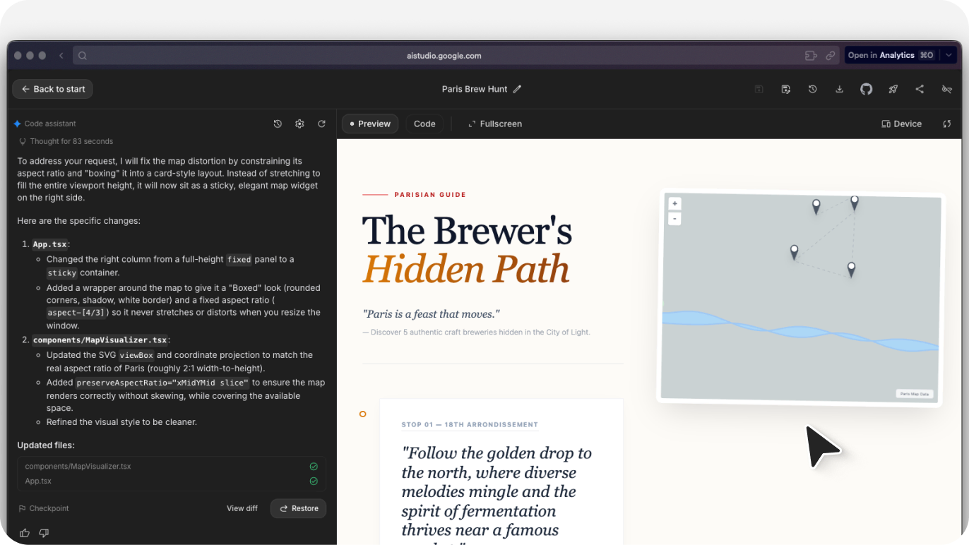Screenshot of Google AI Studio generating a landing page for 'The Brewer's path website'.
