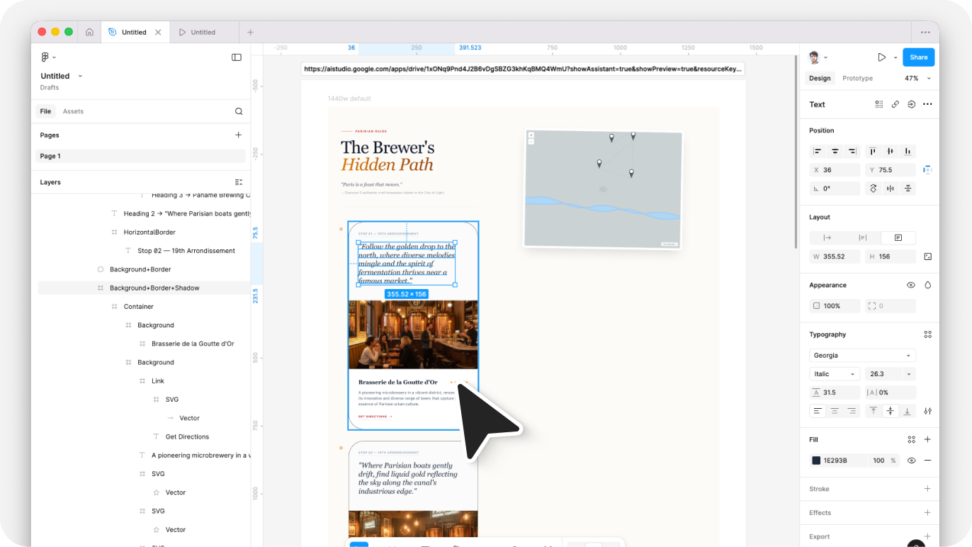 Screenshot of the 'Brewer's Path' landing page imported into Figma with editable layers.
