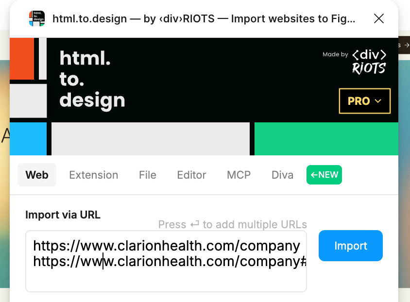 Screenshot of html.to.design plugin with multiple URLs ready to be imported