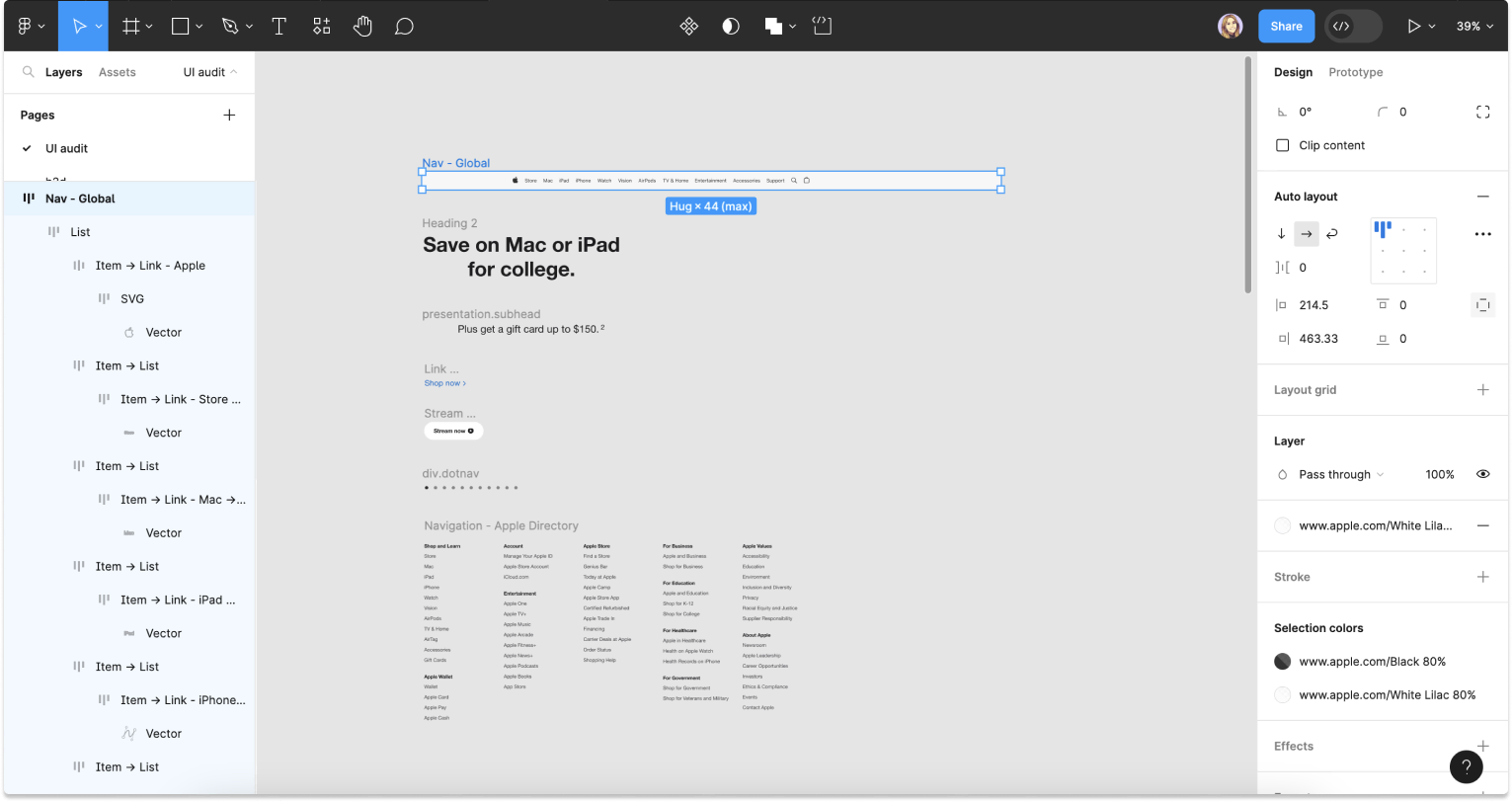 Organizing components for a UI audit in Figma.