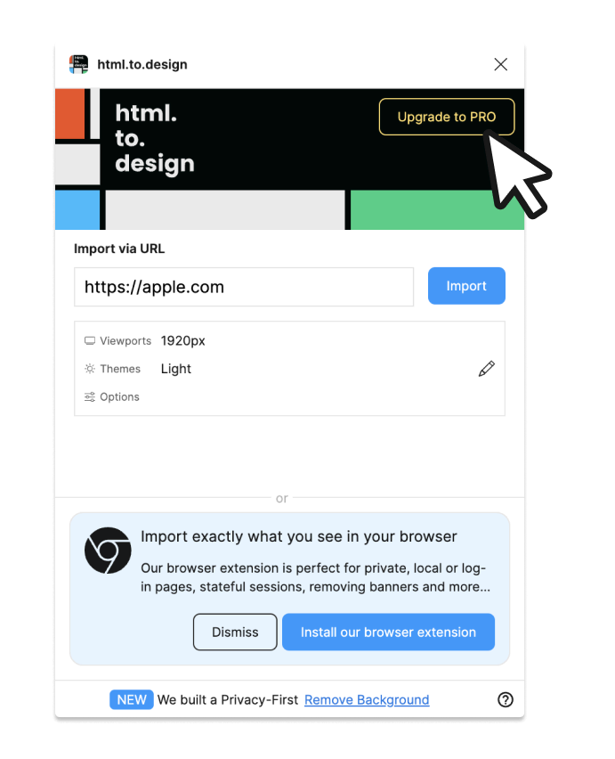 html.to.design figma plugin with a cursor on upgrade button