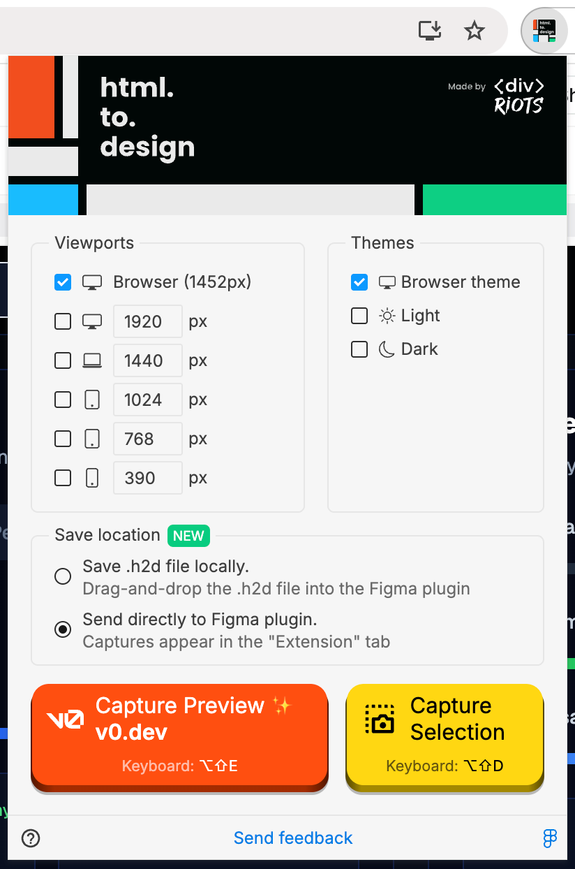Screenshot of the html.to.design Chrome extension capturing a v0.dev preview.